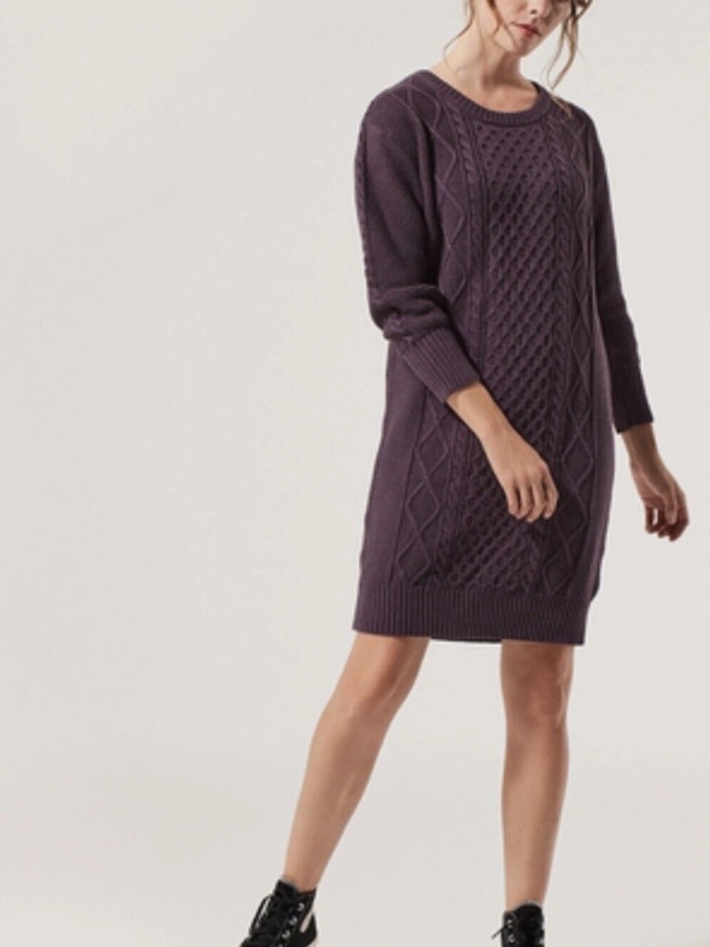 PACT Classic Cable Knit Sweater Dress Dark Purple Organic Cotton Fair Trade S
